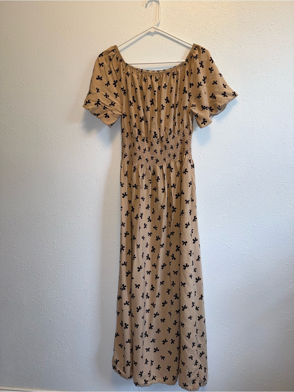 Beige Floral-Print Maxi Dress with Smocked Waist